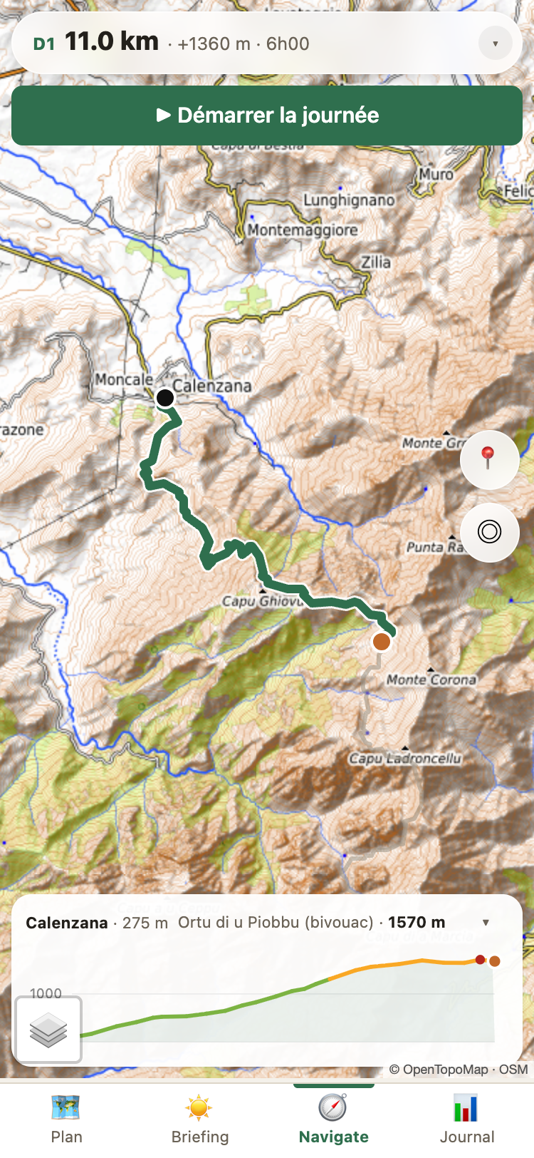 Navigation screen with live GPS position on topo map